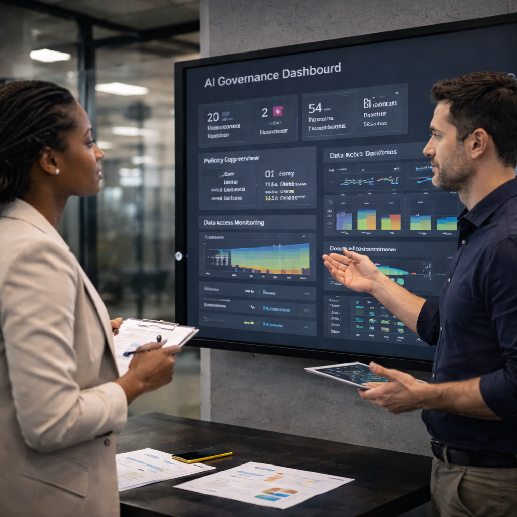 Compliance and engineering team reviewing AI governance dashboards.